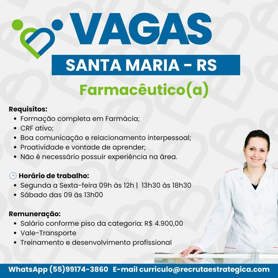 Empresa Abre Vaga Para Farmacêutico Em Santa Maria (Rs) Com Salário De R$ 4,9 Mil