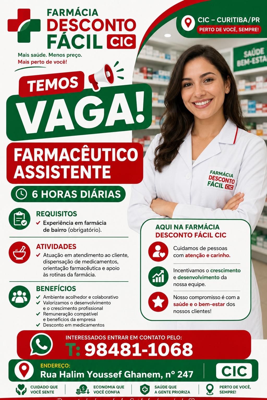 Farmácia Desconto Fácil Abre Vaga Para Farmacêutico Assistente Em Curitiba (Pr)