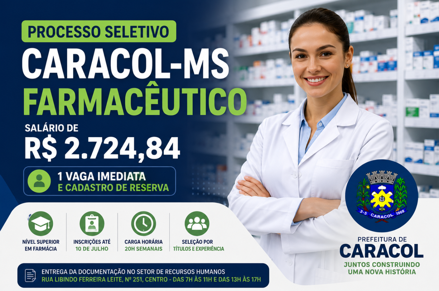 Processo seletivo para farmacêutico é aberto em Caracol (MS) com salário de R$ 2,7 mil