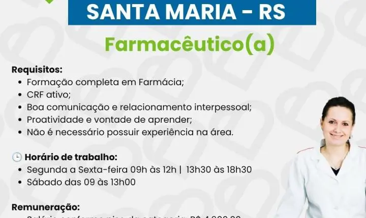 Empresa Abre Vaga Para Farmacêutico Em Santa Maria (Rs) Com Salário De R$ 4,9 Mil